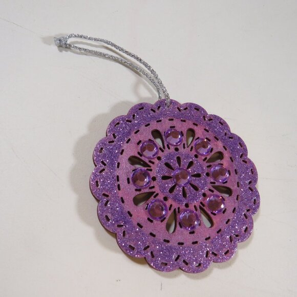 Lavender Circle Medallion Laser Cut Wooden Ornament with Rhinestones Hangs #2 - Picture 3 of 7